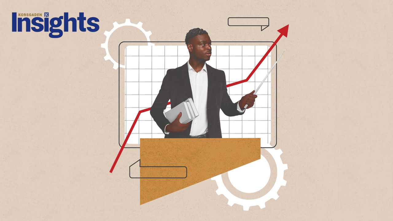 Bridging the Training Gap Illustration of a professional man holding books and a pointer, standing in front of a rising red graph with gears and a grid in the background. Represents training, growth, and performance improvement. 'Korsgaden Insights' logo in the top left.